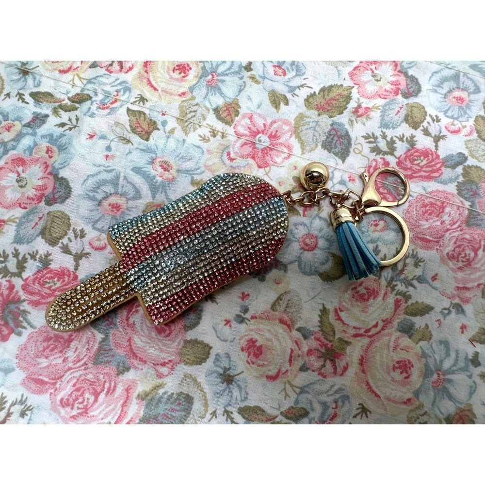 Rhinestone Popsicle Keychain Striped Crystal Bag Charm with Blue Tassel